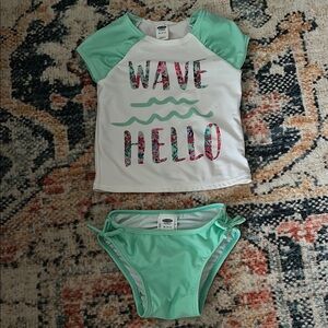 Old Navy Green and White Rashguard Swim Set Wave Hello